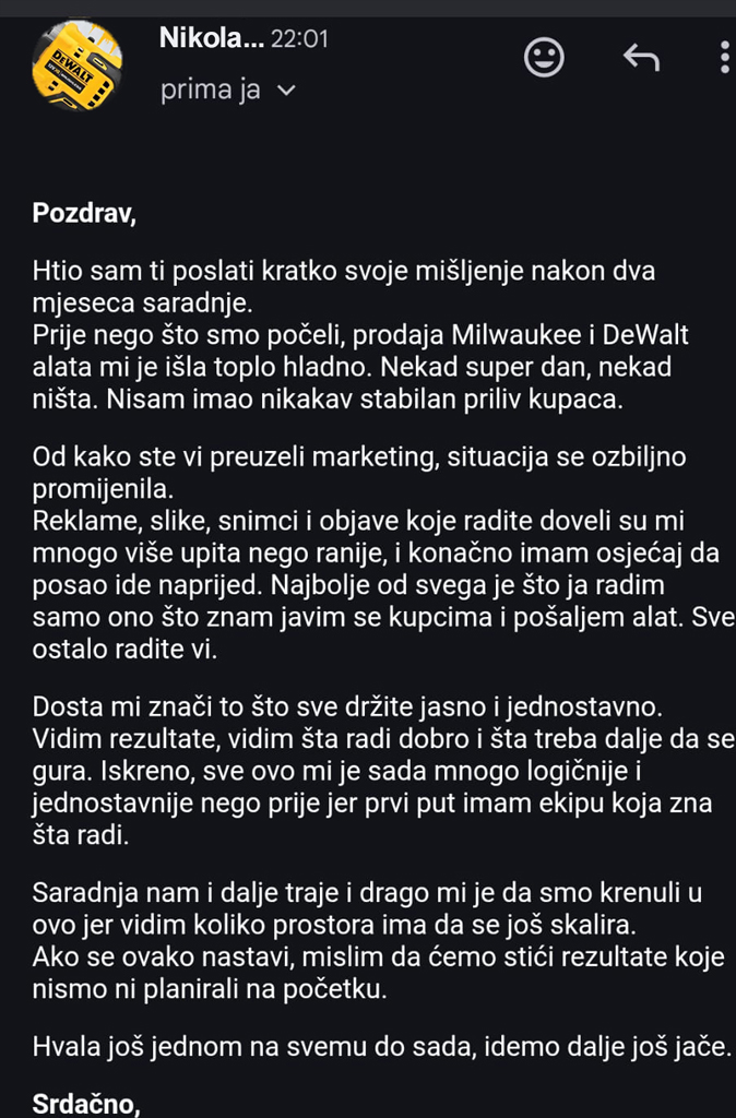 Testimonijal klijenta MadMango Agency marketing agencije
