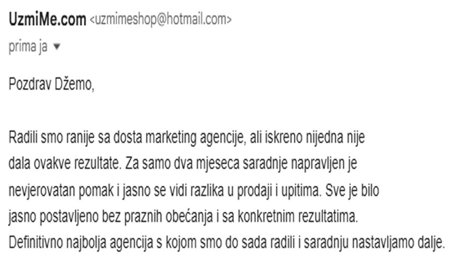 Testimonijal klijenta MadMango Agency marketing agencije