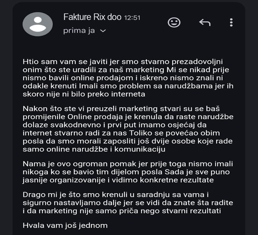 Testimonijal klijenta MadMango Agency marketing agencije